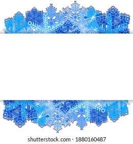 Tarjeta de invierno con copos de nieve 3d y espacio para texto. Fondo vectorial de invierno. Banner de Año Nuevo con nieve y copos de nieve y lugar para texto.