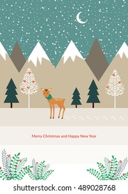 Winter card with alone reindeer on the way