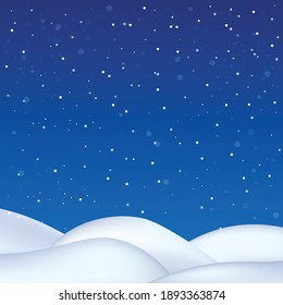 Winter card background design with snowfall and snowdrifts on ground, realistic vector illustration. Sky blue backdrop with snowflakes falling into snowbanks.