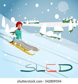 Winter card background. Woman rolling downhill on a sled. Flat cartoon vector illustration