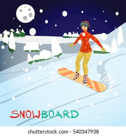 Winter card background. Woman snowboarding in mountains in the evening. Flat cartoon vector illustration