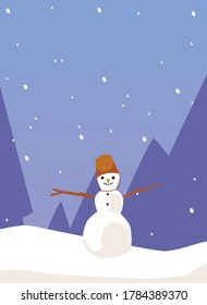 Winter card or banner layout with snowman in snowy mountains landscape, flat vector illustration. Background for winter Christmas poster or holiday greeting card.
