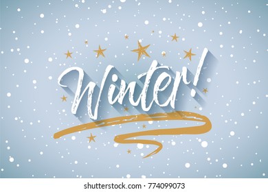 Winter card. Beautiful greeting banner poster scratched calligraphy inscription text word gold star ribbon. Hand drawn design. Handwritten modern brush lettering snow background isolated vector.
