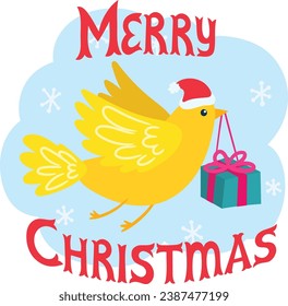 Winter card with bird and gift box