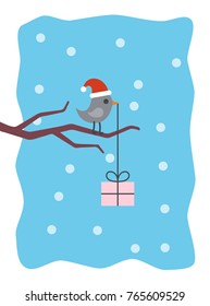 Winter card with bird and gift box