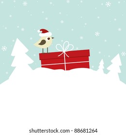 Winter card with bird and gift box