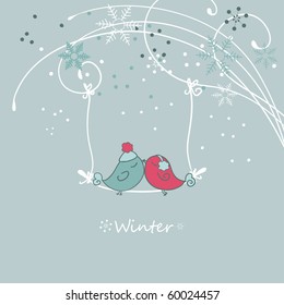 winter card with bird on a sviwng