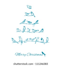 Winter Card. Birds on Christmas Tree. For invitation, congratulation in vector