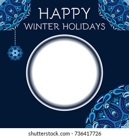 winter card blue frame with doodle ornament and snowflake