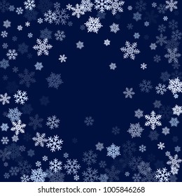 Winter card border of snow flakes falling vector background. Snowflake flying border macro illustration, card or banner with snow elements, flakes confetti scatter frame. Cold weather winter symbols.
