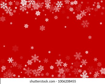 Winter card border of snow flakes falling vector background. Snowflake flying border macro illustration, card or banner with snow elements, flakes confetti scatter frame. Cold weather winter symbols.