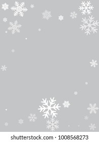 Winter card border of snow flakes falling vector background. Snowflake flying border macro illustration, card or banner with snow elements, flakes confetti scatter frame. Cold weather winter symbols.