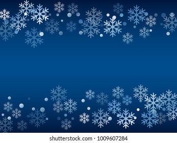 Winter card border of snow flakes falling vector background. Snowflake flying border macro illustration, card or banner with snow elements, flakes confetti scatter frame. Cold weather winter symbols.