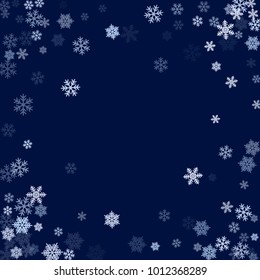 Winter card border of snow flakes falling vector background. Snowflake flying border macro illustration, card or banner with snow elements, flakes confetti scatter frame. Cold weather winter symbols.