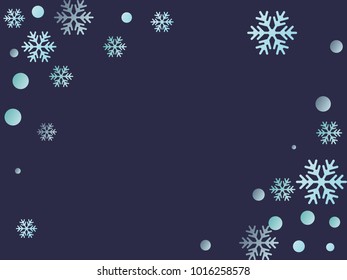 Winter card border of snow flakes falling vector background. Snowflake flying border macro illustration, card or banner with snow elements, flakes confetti scatter frame. Cold weather winter symbols.