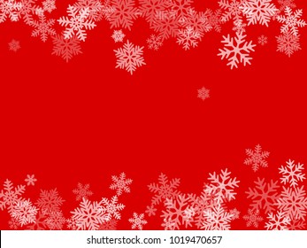 Winter card border of snow flakes falling vector background. Snowflake flying border macro illustration, card or banner with snow elements, flakes confetti scatter frame. Cold weather winter symbols.
