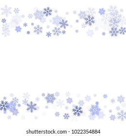 Winter card border of snow flakes falling vector background. Snowflake flying border macro illustration, card or banner with snow elements, flakes confetti scatter frame. Cold weather winter symbols.