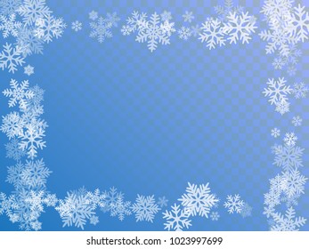 Winter card border of snow flakes falling vector background. Snowflake flying border macro illustration, card or banner with snow elements, flakes confetti scatter frame. Cold weather winter symbols.