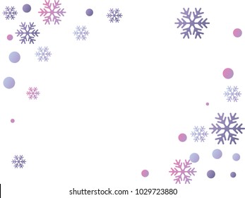 Winter card border of snow flakes falling vector background. Snowflake flying border macro illustration, card or banner with snow elements, flakes confetti scatter frame. Cold weather winter symbols.