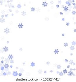 Winter card border of snow flakes falling vector background. Snowflake flying border macro illustration, card or banner with snow elements, flakes confetti scatter frame. Cold weather winter symbols.