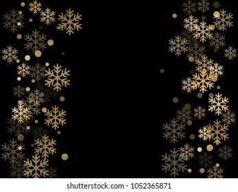 Winter card border of snow flakes falling vector background. Snowflake flying border macro illustration, card or banner with snow elements, flakes confetti scatter frame. Cold weather winter symbols.