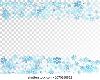 Winter card border of snow flakes falling vector background. Snowflake flying border macro illustration, card or banner with snow elements, flakes confetti scatter frame. Cold weather winter symbols.