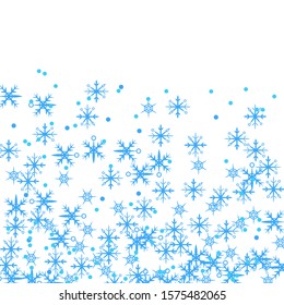 Winter card border of snow flakes falling vector background. Snowflake flying border macro illustration,card or banner with snow elements, flakes confetti scatter frame. Cold weather winter symbols.