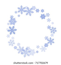 Winter card border of snow flakes falling vector background. Snowflake flying border macro illustration,card or banner with snow elements, flakes confetti scatter frame. Cold weather winter symbols.
