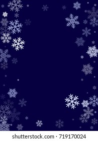 Winter card border of snow flakes falling vector background. Snowflake flying border macro illustration,card or banner with snow elements, flakes confetti scatter frame. Cold weather winter symbols.