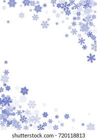 Winter card border of snow flakes falling vector background. Snowflake flying border macro illustration,card or banner with snow elements, flakes confetti scatter frame. Cold weather winter symbols.