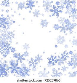 Winter card border of snow flakes falling vector background. Snowflake flying border macro illustration,card or banner with snow elements, flakes confetti scatter frame. Cold weather winter symbols.