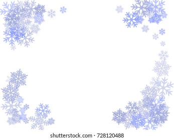 Winter card border of snow flakes falling vector background. Snowflake flying border macro illustration,card or banner with snow elements, flakes confetti scatter frame. Cold weather winter symbols.