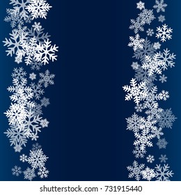 Winter card border of snow flakes falling vector background. Snowflake flying border macro illustration,card or banner with snow elements, flakes confetti scatter frame. Cold weather winter symbols.