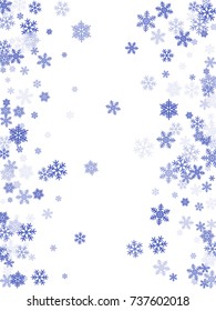 Winter card border of snow flakes falling vector background. Snowflake flying border macro illustration,card or banner with snow elements, flakes confetti scatter frame. Cold weather winter symbols.