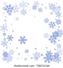 Winter card border of snow flakes falling vector background. Snowflake flying border macro illustration,card or banner with snow elements, flakes confetti scatter frame. Cold weather winter symbols.