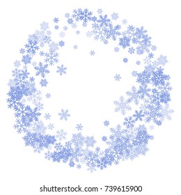 Winter card border of snow flakes falling vector background. Snowflake flying border macro illustration,card or banner with snow elements, flakes confetti scatter frame. Cold weather winter symbols.