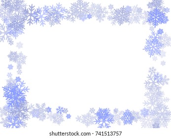 Winter card border of snow flakes falling vector background. Snowflake flying border macro illustration,card or banner with snow elements, flakes confetti scatter frame. Cold weather winter symbols.
