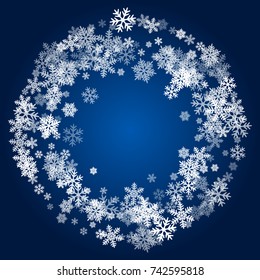 Winter card border of snow flakes falling vector background. Snowflake flying border macro illustration,card or banner with snow elements, flakes confetti scatter frame. Cold weather winter symbols.