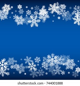 Winter card border of snow flakes falling vector background. Snowflake flying border macro illustration,card or banner with snow elements, flakes confetti scatter frame. Cold weather winter symbols.