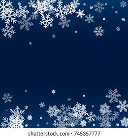 Winter card border of snow flakes falling vector background. Snowflake flying border macro illustration,card or banner with snow elements, flakes confetti scatter frame. Cold weather winter symbols.