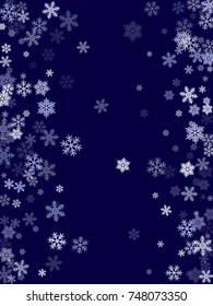 Winter card border of snow flakes falling vector background. Snowflake flying border macro illustration,card or banner with snow elements, flakes confetti scatter frame. Cold weather winter symbols.