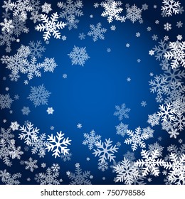 Winter card border of snow flakes falling vector background. Snowflake flying border macro illustration,card or banner with snow elements, flakes confetti scatter frame. Cold weather winter symbols.