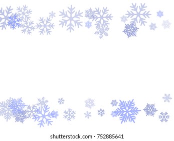 Winter card border of snow flakes falling vector background. Snowflake flying border macro illustration,card or banner with snow elements, flakes confetti scatter frame. Cold weather winter symbols.