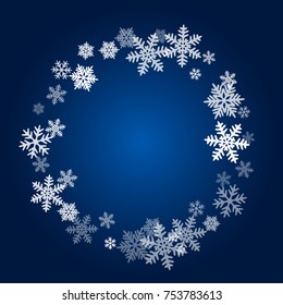 Winter card border of snow flakes falling vector background. Snowflake flying border macro illustration,card or banner with snow elements, flakes confetti scatter frame. Cold weather winter symbols.