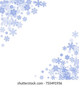 Winter card border of snow flakes falling vector background. Snowflake flying border macro illustration,card or banner with snow elements, flakes confetti scatter frame. Cold weather winter symbols.