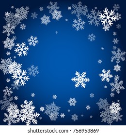 Winter card border of snow flakes falling vector background. Snowflake flying border macro illustration,card or banner with snow elements, flakes confetti scatter frame. Cold weather winter symbols.
