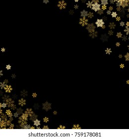 Winter card border of snow flakes falling vector background. Snowflake flying border macro illustration, card or banner with snow elements, flakes confetti scatter frame. Cold weather winter symbols.