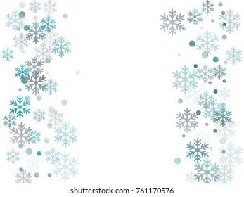 Winter card border of snow flakes falling vector background. Snowflake flying border macro illustration, card or banner with snow elements, flakes confetti scatter frame. Cold weather winter symbols.