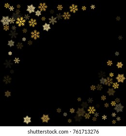 Winter card border of snow flakes falling vector background. Snowflake flying border macro illustration, card or banner with snow elements, flakes confetti scatter frame. Cold weather winter symbols.