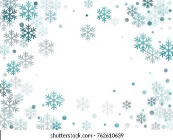 Winter card border of snow flakes falling vector background. Snowflake flying border macro illustration, card or banner with snow elements, flakes confetti scatter frame. Cold weather winter symbols.